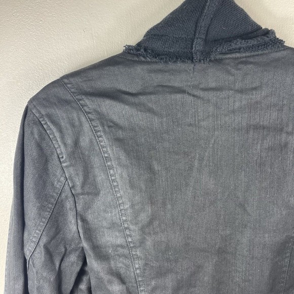 FREE PEOPLE Black Scarf Drape Moto Jacket Coated Faux Leather Twill Denim‎ Sz 10 - Picture 14 of 16